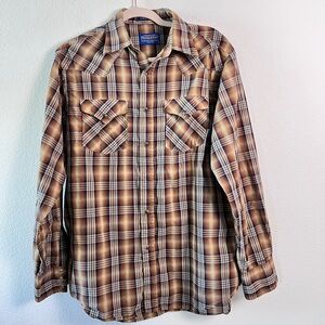 Pendleton Frontier Shirt Brown Checkered Cotton Blend Long Sleeves Shirt Medium‎